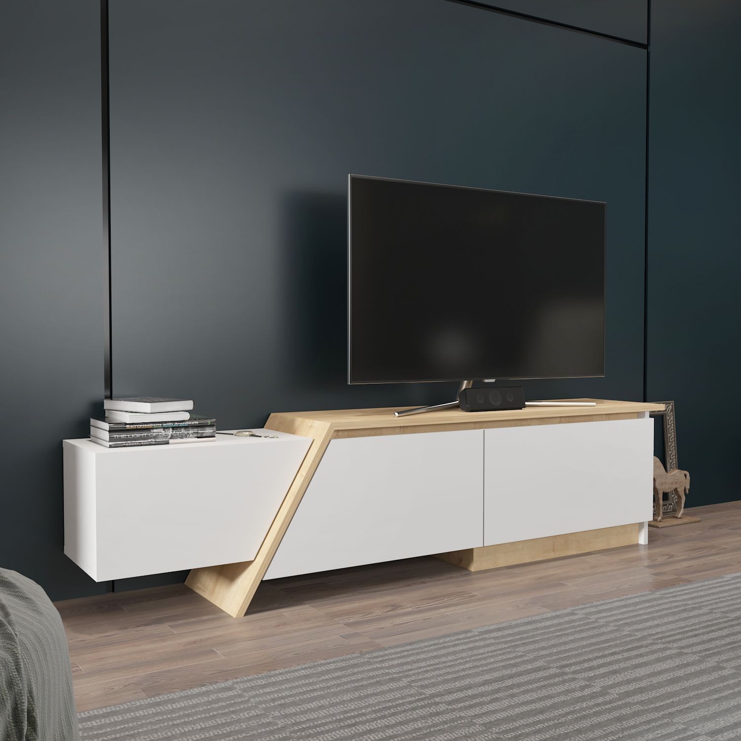 Mueble de TV PRUDENCE, bilaminado blanco con roble — imagen 2