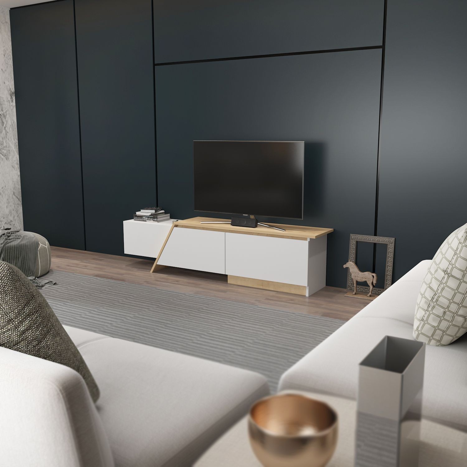 Mueble de TV PRUDENCE, bilaminado blanco con roble — imagen 3