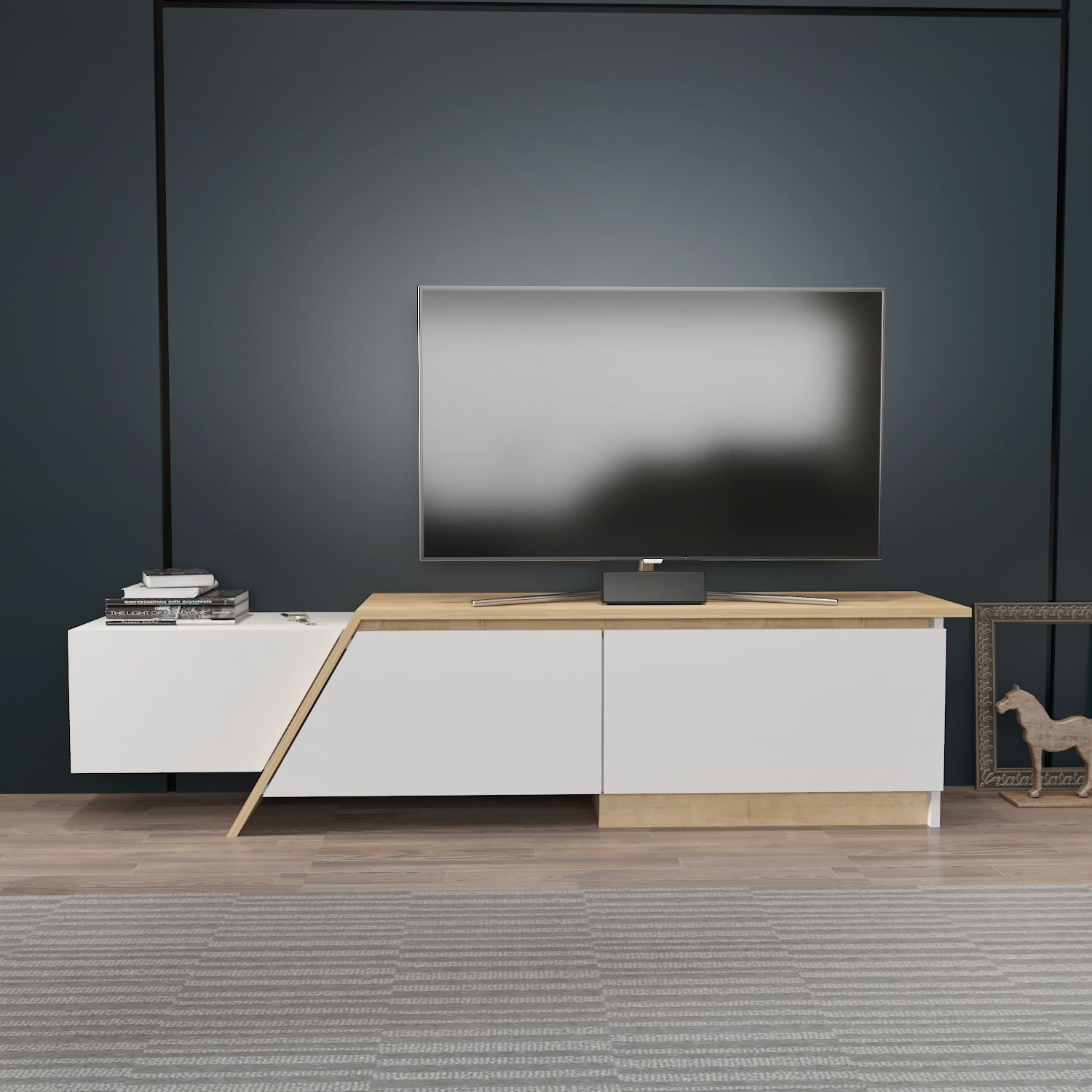 Mueble de TV PRUDENCE, bilaminado blanco con roble — imagen 4