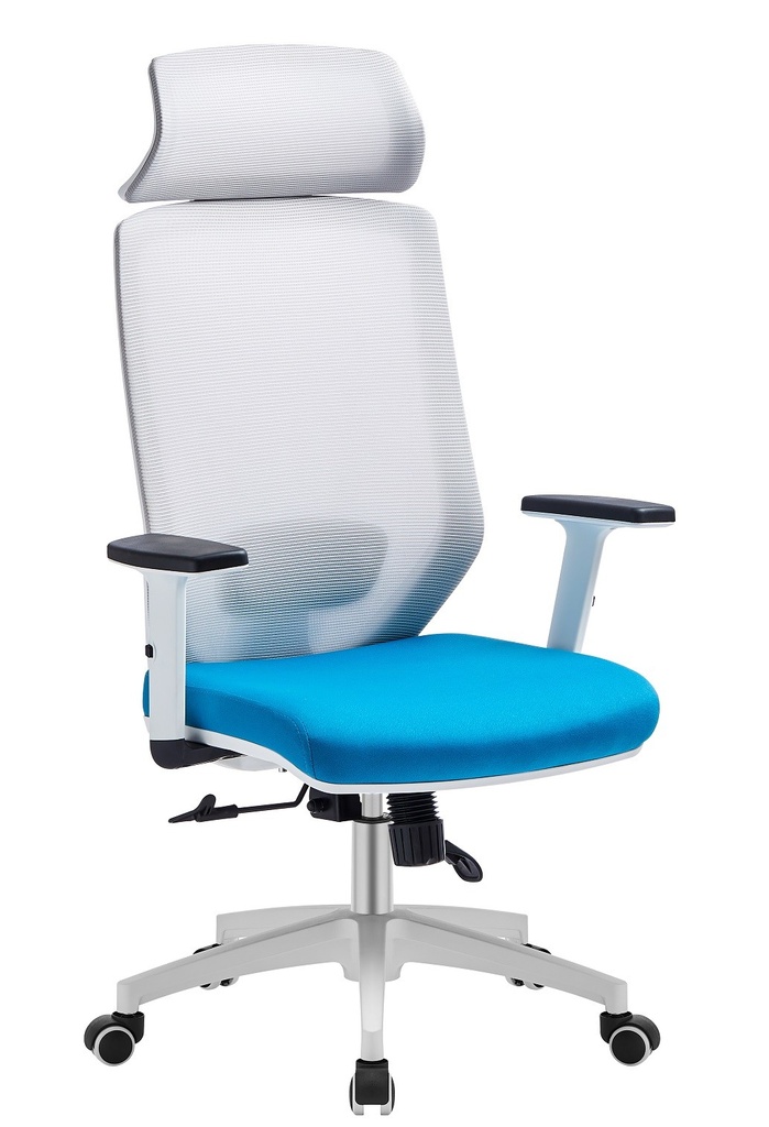 Sillón de oficina CLAYTON, blanco, malla gris, tejido azul claro