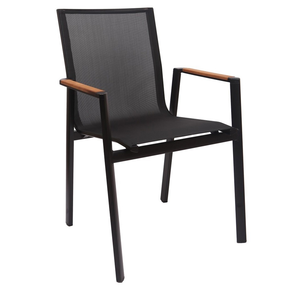 Sillón ROSAURO, apilable, aluminio, textilene negro