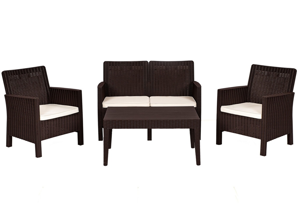 Set ADRIÁTICO, 2 Sillones + Sofá 2 plazas + mesa, polipropileno chocolate, cojines incluidos