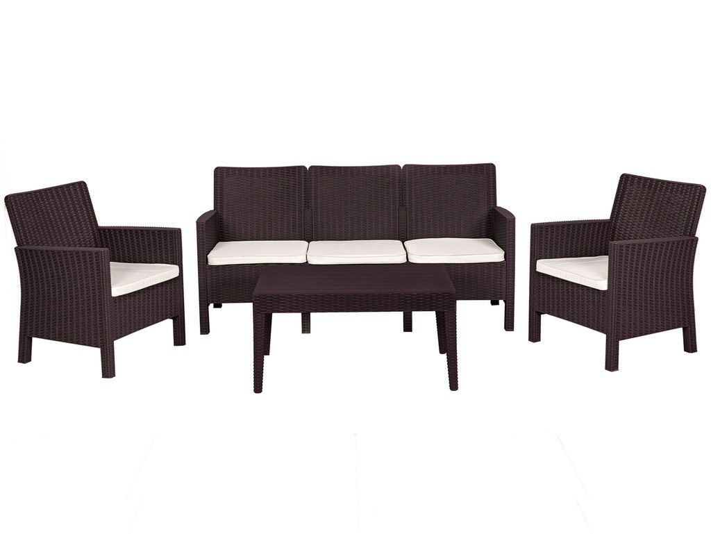 Set ADRIÁTICO, 2 Sillones + Sofá 3 plazas + mesa, polipropileno chocolate, cojines incluidos