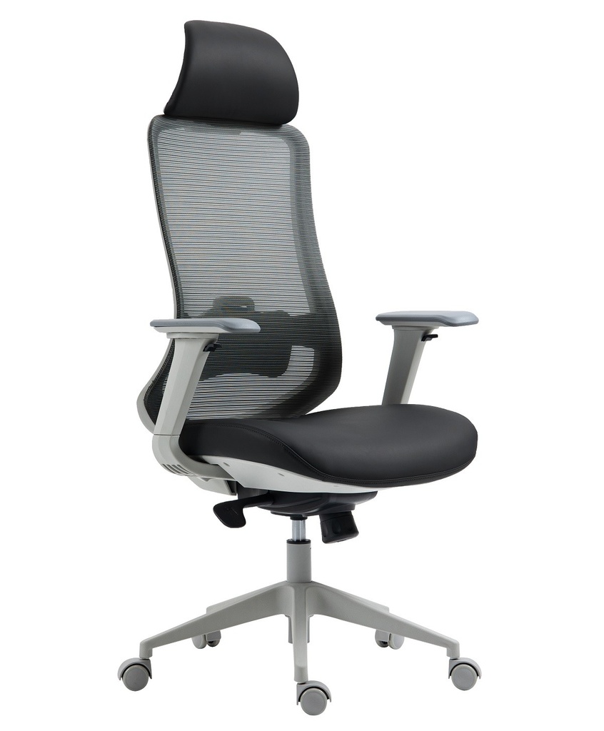 Sillón de oficina ARANJUEZ, alto, gris, ergonómico, multifunción, malla y asiento negro