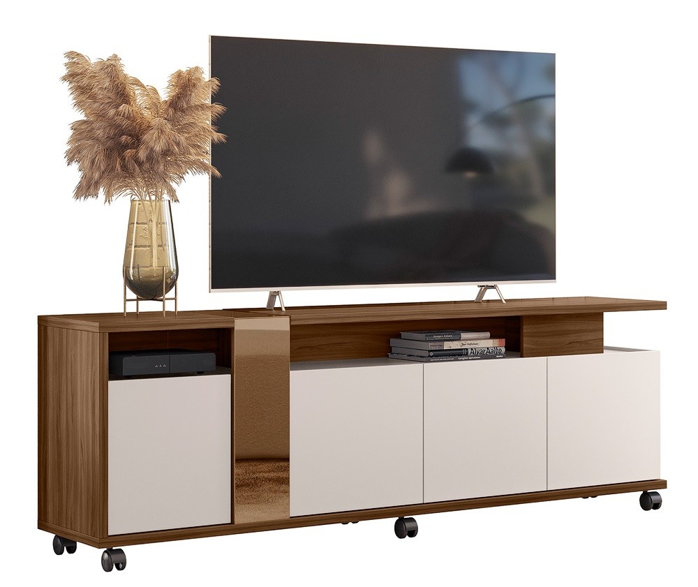 Mueble TV NEW CRISTAL, nogal y blanco roto, 183 cms.