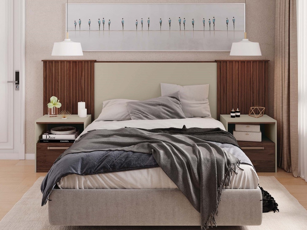 Cabecero LUCIUS, extensible, 2 mesillas de noche, MDP habana y blanco roto