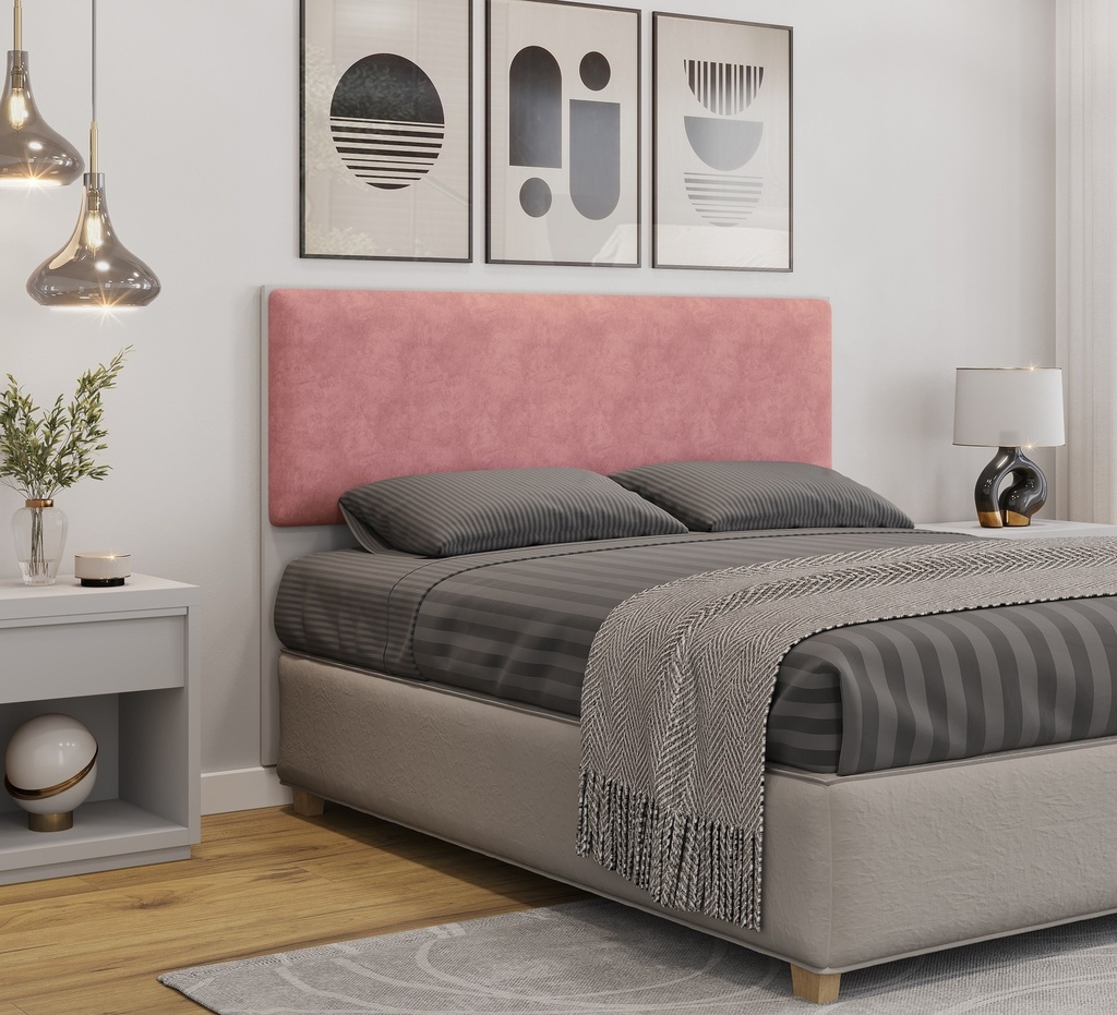 Cabecero tapizado UNI 160, MDP blanco, tejido velvet rosa, 160x5x90 cms