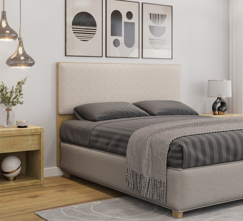 Cabecero tapizado UNI 160, MDP natura, tejido lino beige, 160x5x90 cms