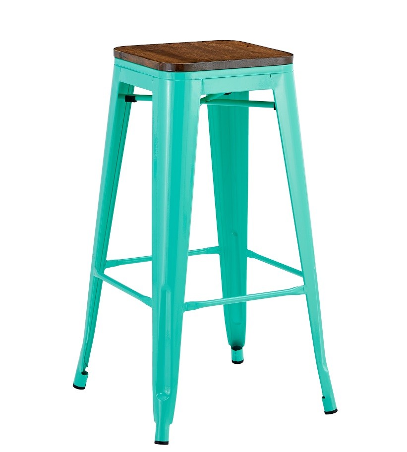 Taburete TOL EK WOOD, acero, verde agua, asiento madera