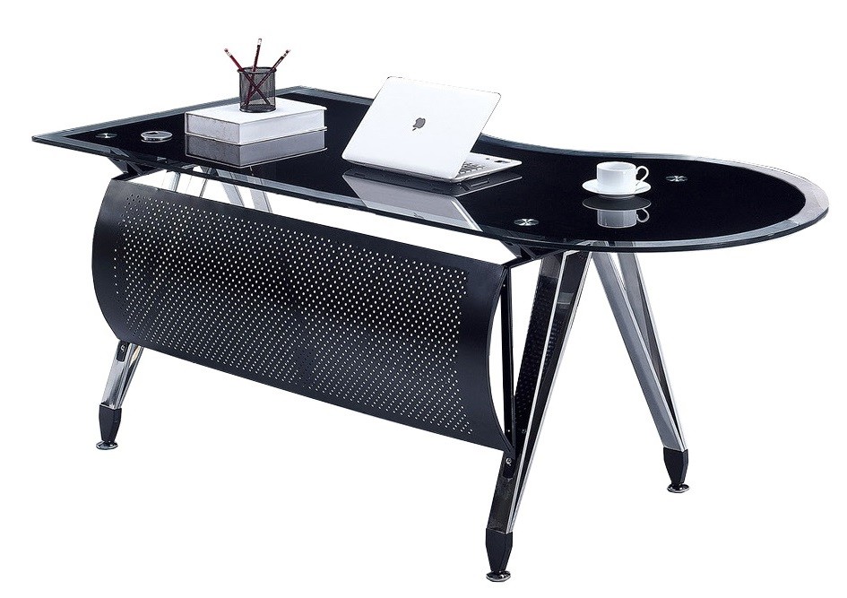 Mesa de oficina MAGNA, forma a izquierda, vidrio templado negro, 180 x 85 cms