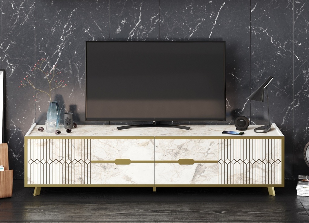 Mueble de TV ELOISE, biIaminado mármol blanco con detalles dorados, 180 cms.
