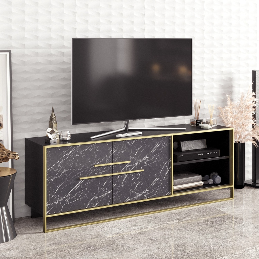 [645.MTVSIENMN] Mueble de TV SIENA, biIaminado mármol negro con metal dorado, 160 cms.