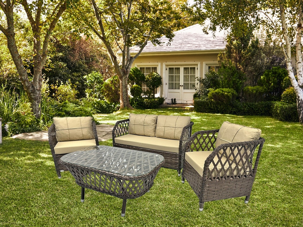 [328.SMAR112MA] Set MARBELLA, 2 Sillones + Sofá 2 plazas + mesa, aluminio, ratán chocolate, cojines incluidos