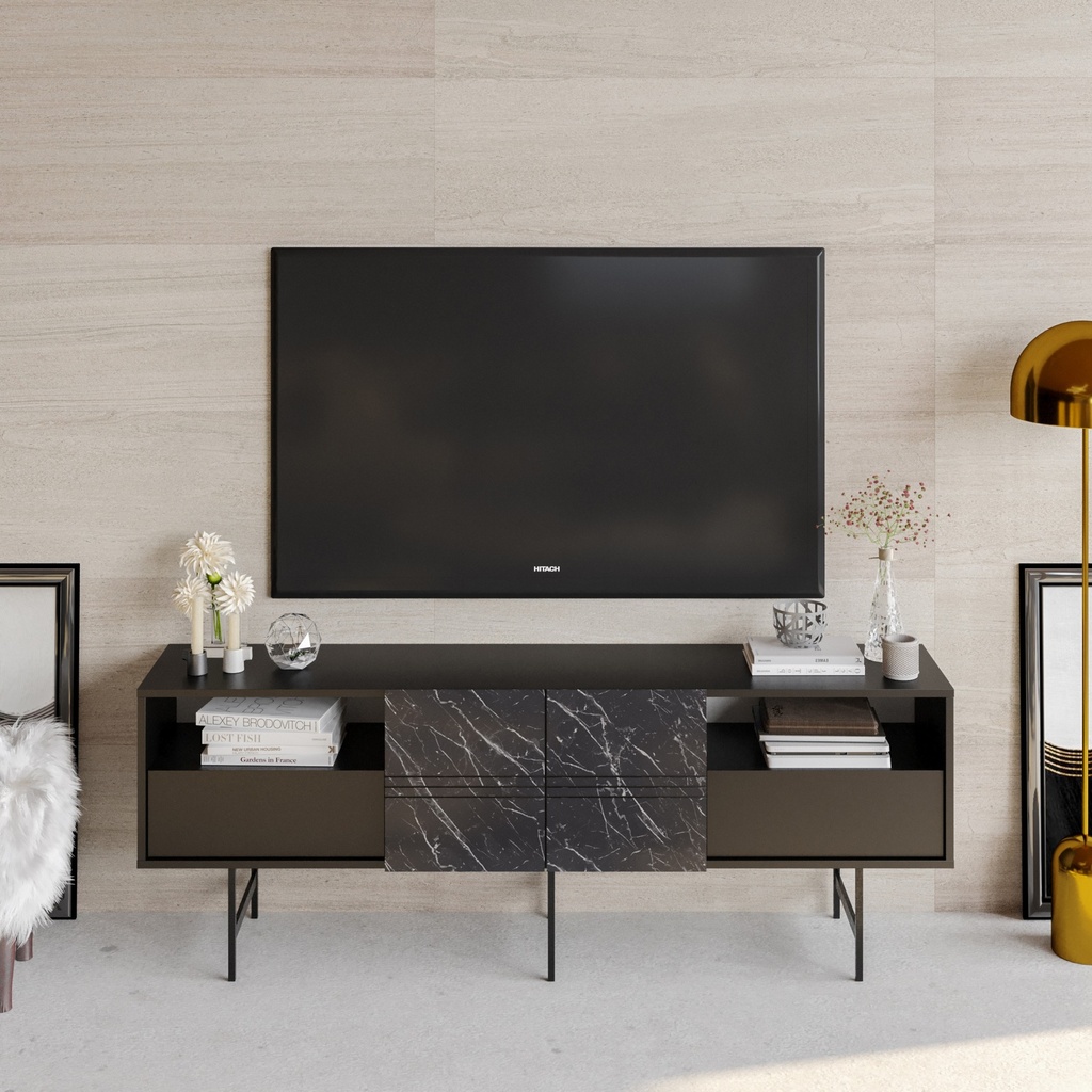 [645.MTVSIMOMN] Mueble de TV SIMON, biIaminado mármol negro, 180 cms.