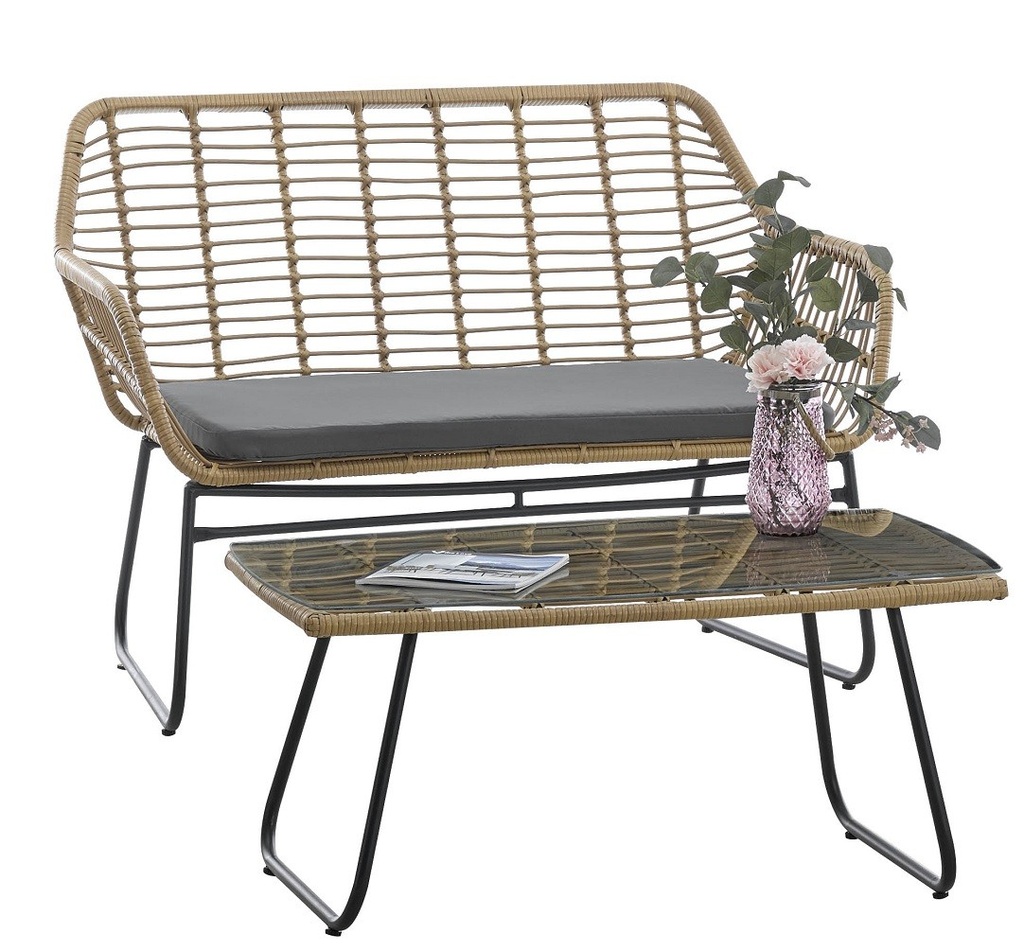 [230.SKROYBENE] Sofá KROYA, metal, ratán beige, cojín negro