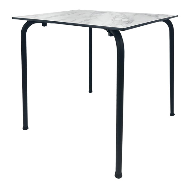 [141.MFERNM70C] Mesa FERAY, apilable, epoxi color negro, tablero fenólico mármol blanco 69 x 69 cms.