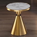 Mesa JASSY BL, baja, dorada, tapa cerámica mármol blanco, 50 cms de diámetro