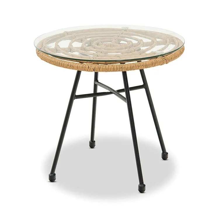 [161.MDERABECR] Mesa DEWA, baja, metal, ratán, cristal, 45 cms de diámetro