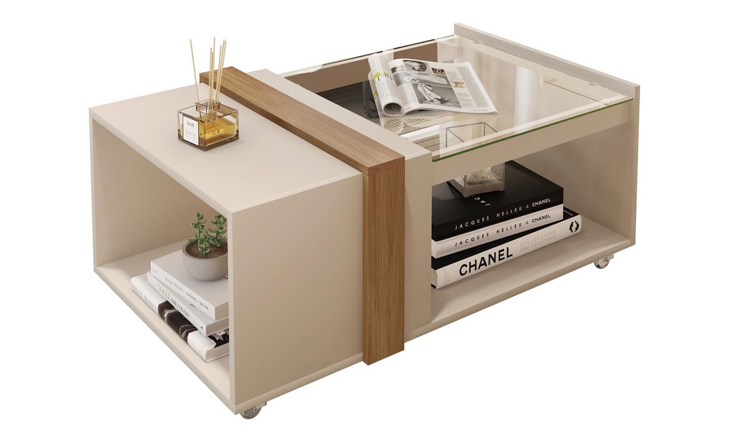 [134.MBFRABRMI] Mesa FRANCIA, baja, cristal, MDP blanco roto y miel, 90,5 x 54 cms