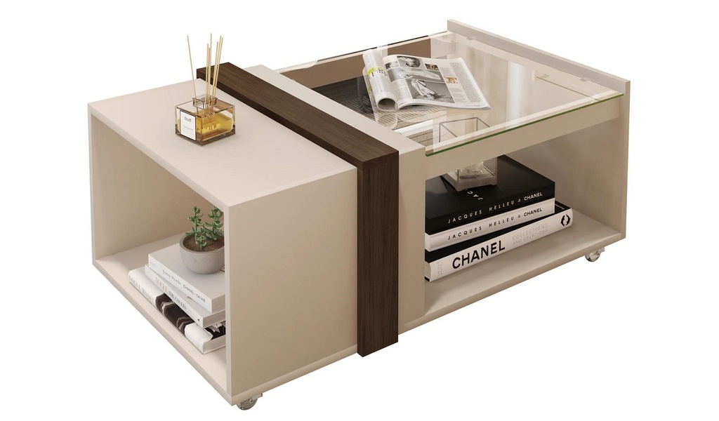 [134.MBFRABRNO] Mesa FRANCIA, baja, cristal, MDP blanco roto y nogal, 90,5 x 54 cms