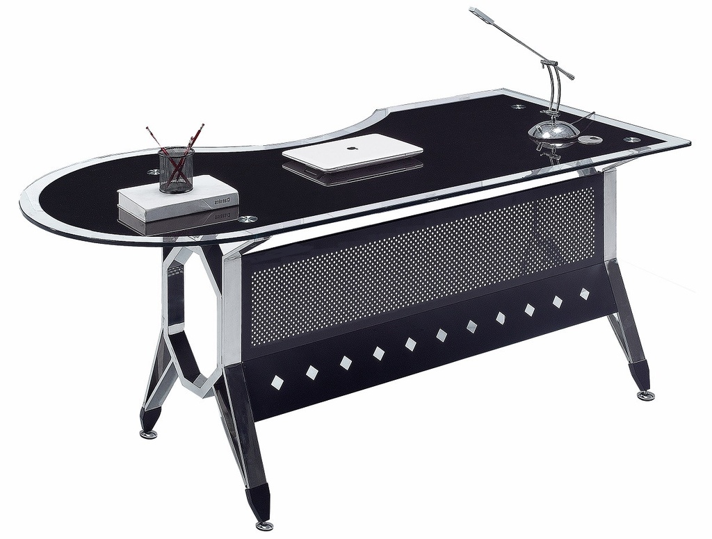 [714.MCOLFD180] Mesa de oficina COLOGNE, forma a derecha, vidrio templado negro, 180 x 85 cms