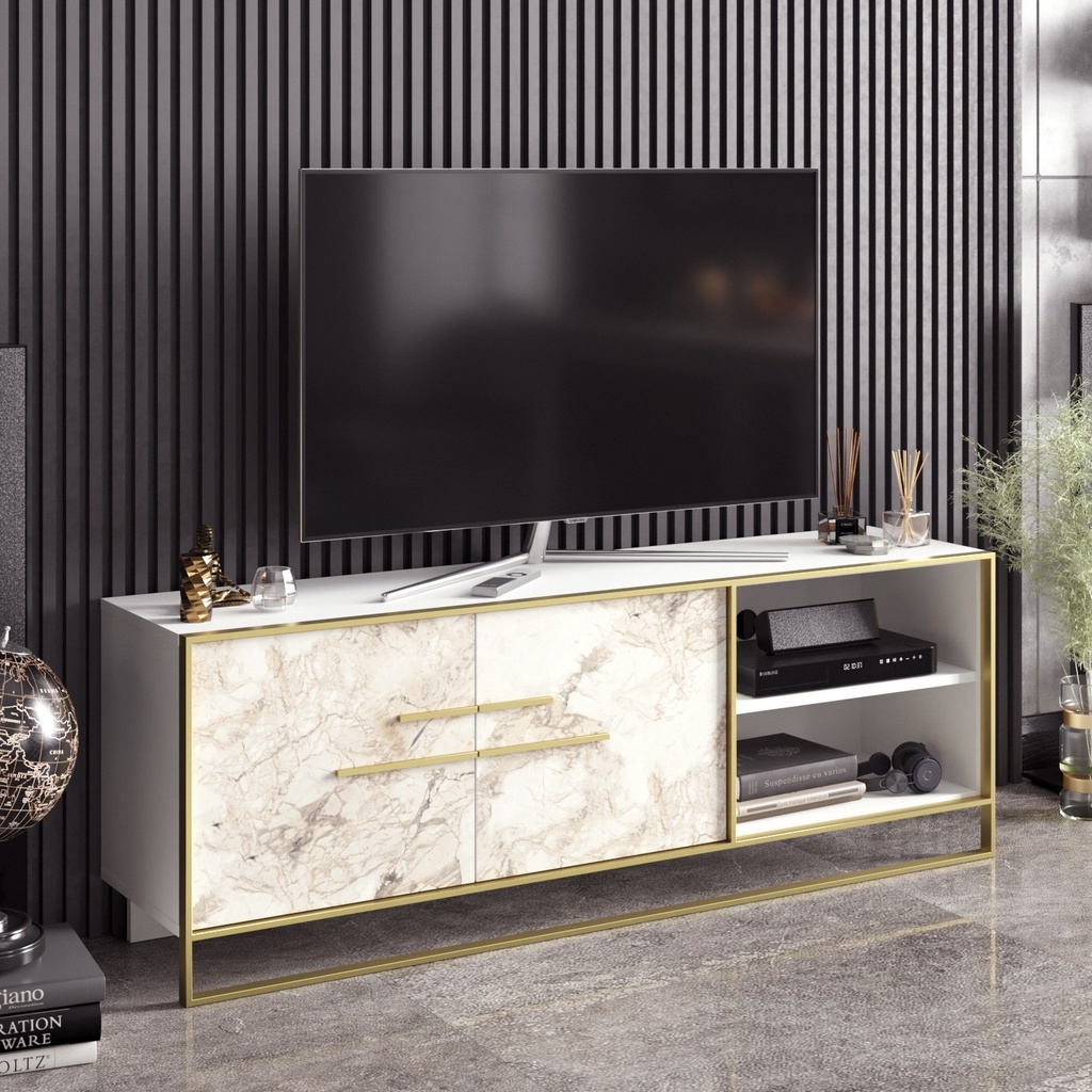 [645.MTVSIENMB] Mueble de TV SIENA, biIaminado mármol blanco con metal dorado, 160 cms.