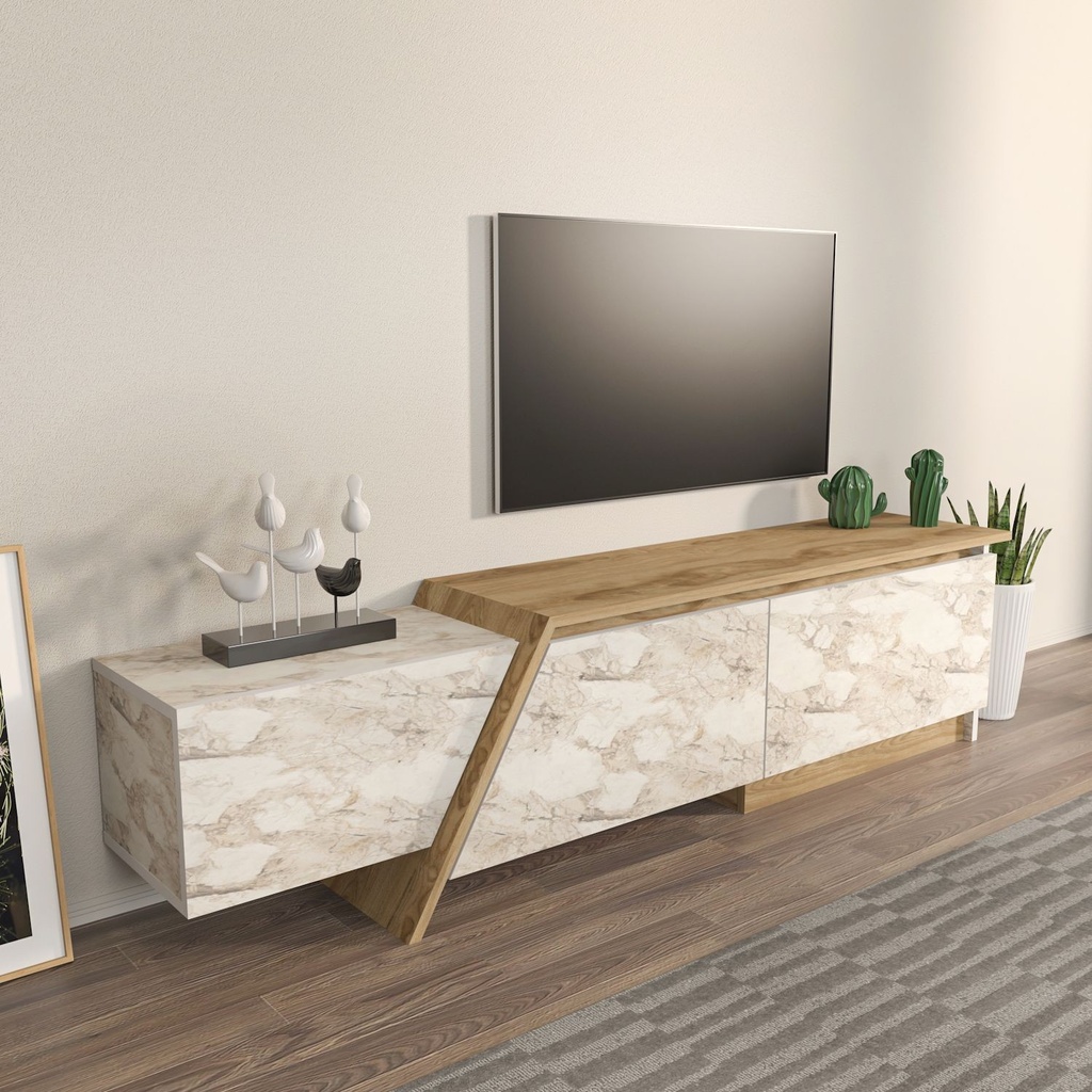 [645.MTVPRUMBR] Mueble de TV PRUDENCE, biIaminado mármol blanco con roble, 180 cms.