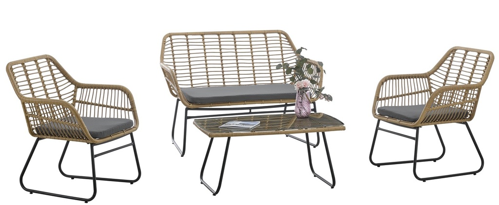 [330.SKROYA] Set KROYA, 2 Sillones + Sofá 2 plazas + mesa, metal, ratán beige, cojines incluidos