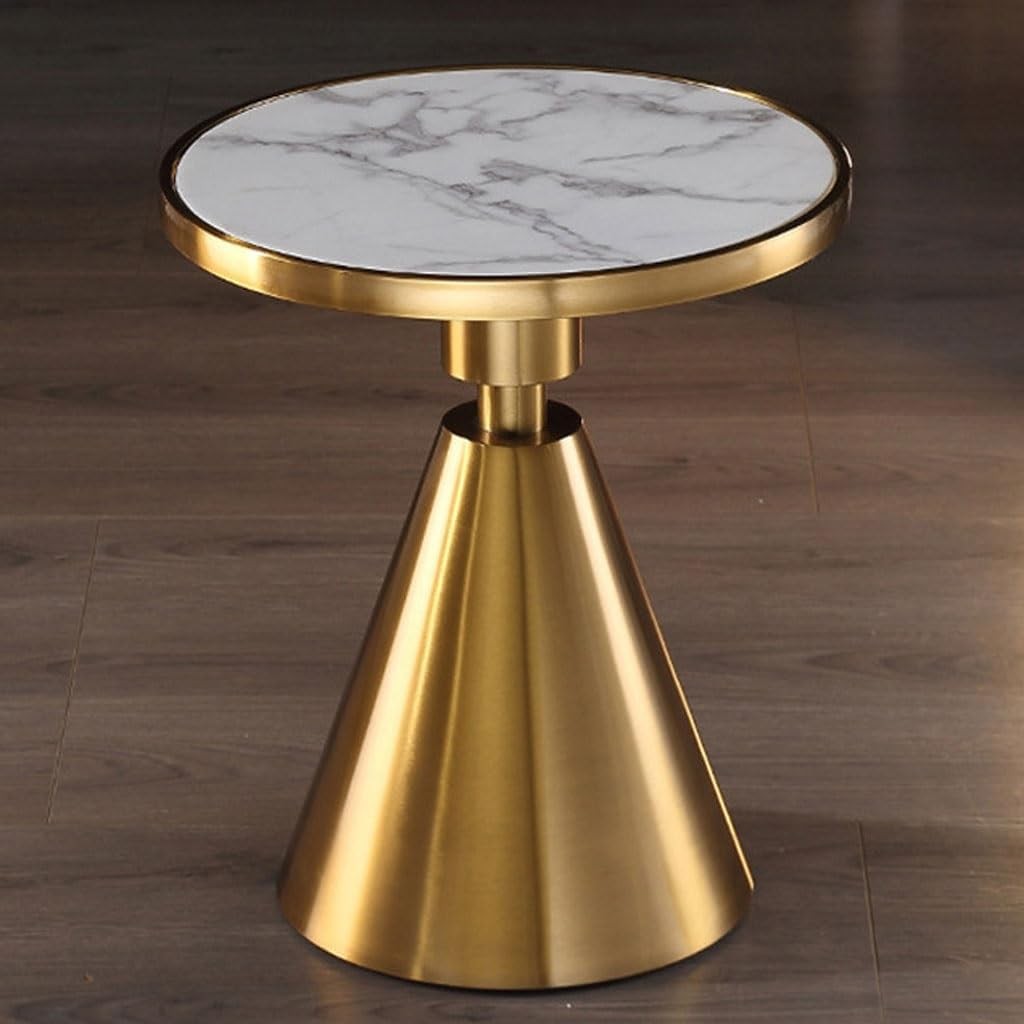 Mesa JASSY BL, baja, dorada, tapa cerámica mármol blanco, 50 cms de diámetro