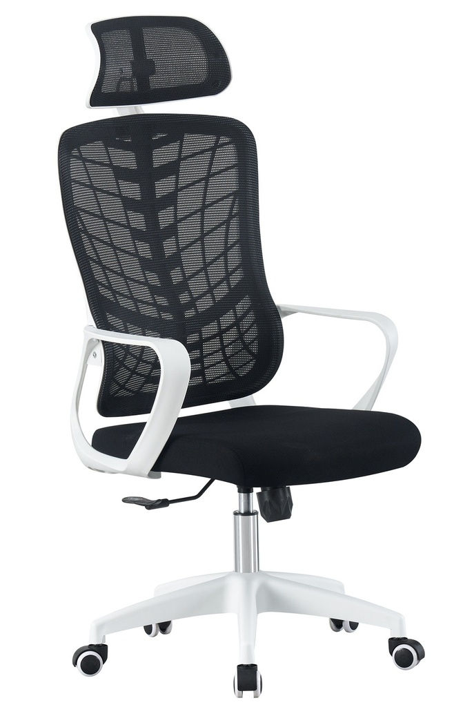 Sillón de oficina MELLAC, alto, blanco, malla y asiento negro